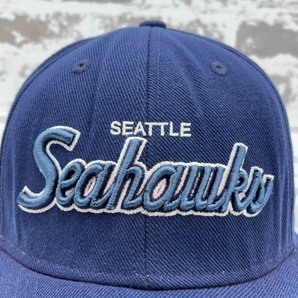Vintage Seattle Seahawks Hat Cap Strap Back Blue Script Wool Dad‎ Adjustable Y2K